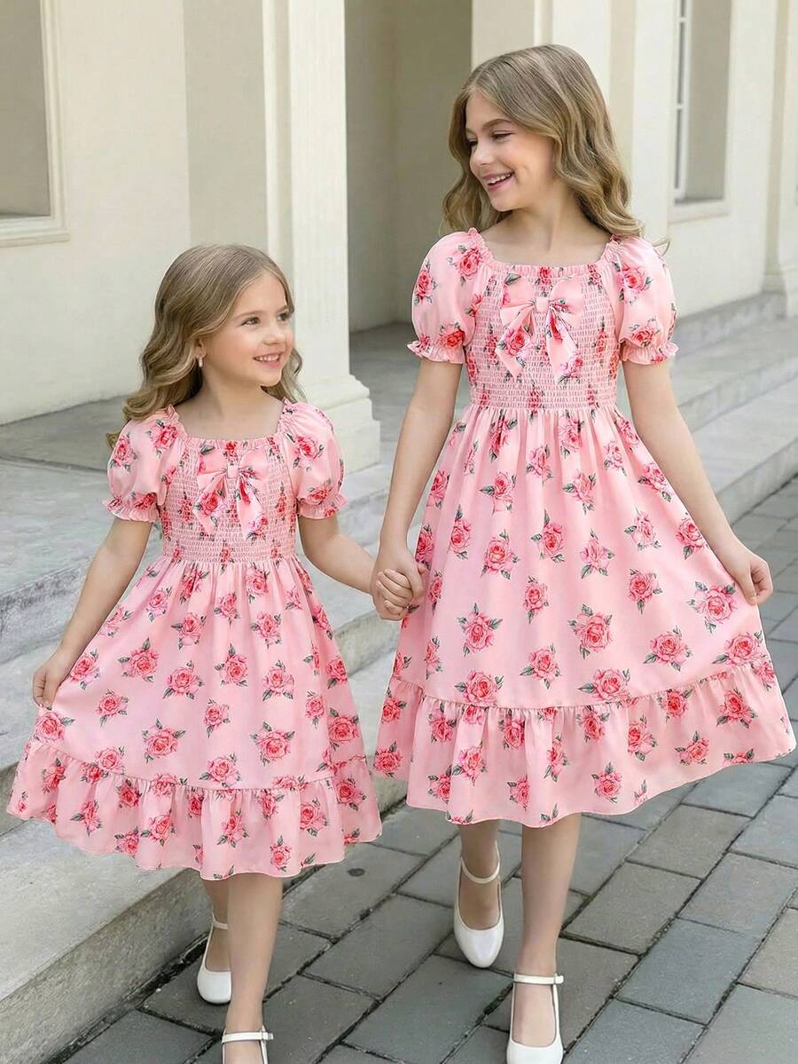 Tween girls black and white geometric short sleeve midi dress with square neck and bow front decor