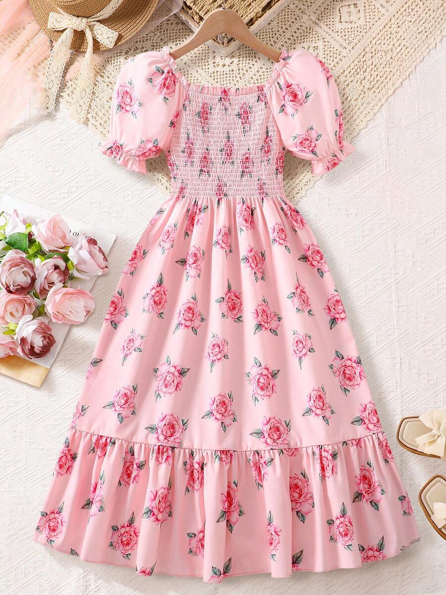 Tween girls black and white geometric short sleeve midi dress with square neck and bow front decor