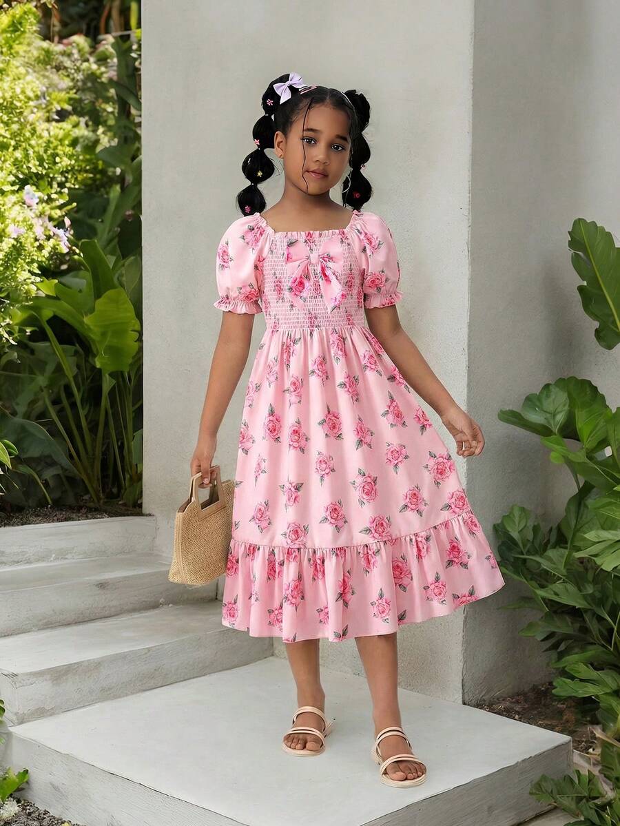 Tween girls black and white geometric short sleeve midi dress with square neck and bow front decor