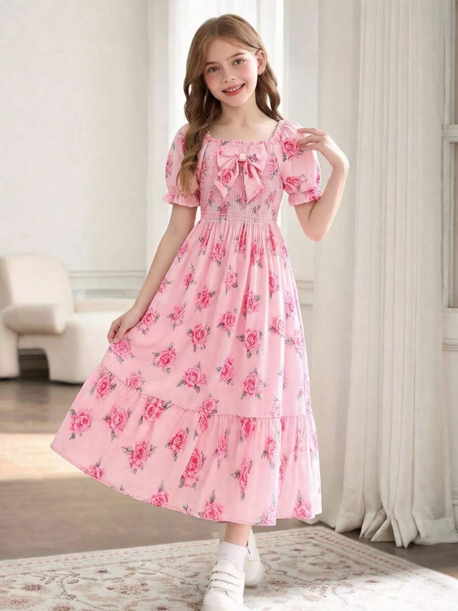 Tween girls black and white geometric short sleeve midi dress with square neck and bow front decor