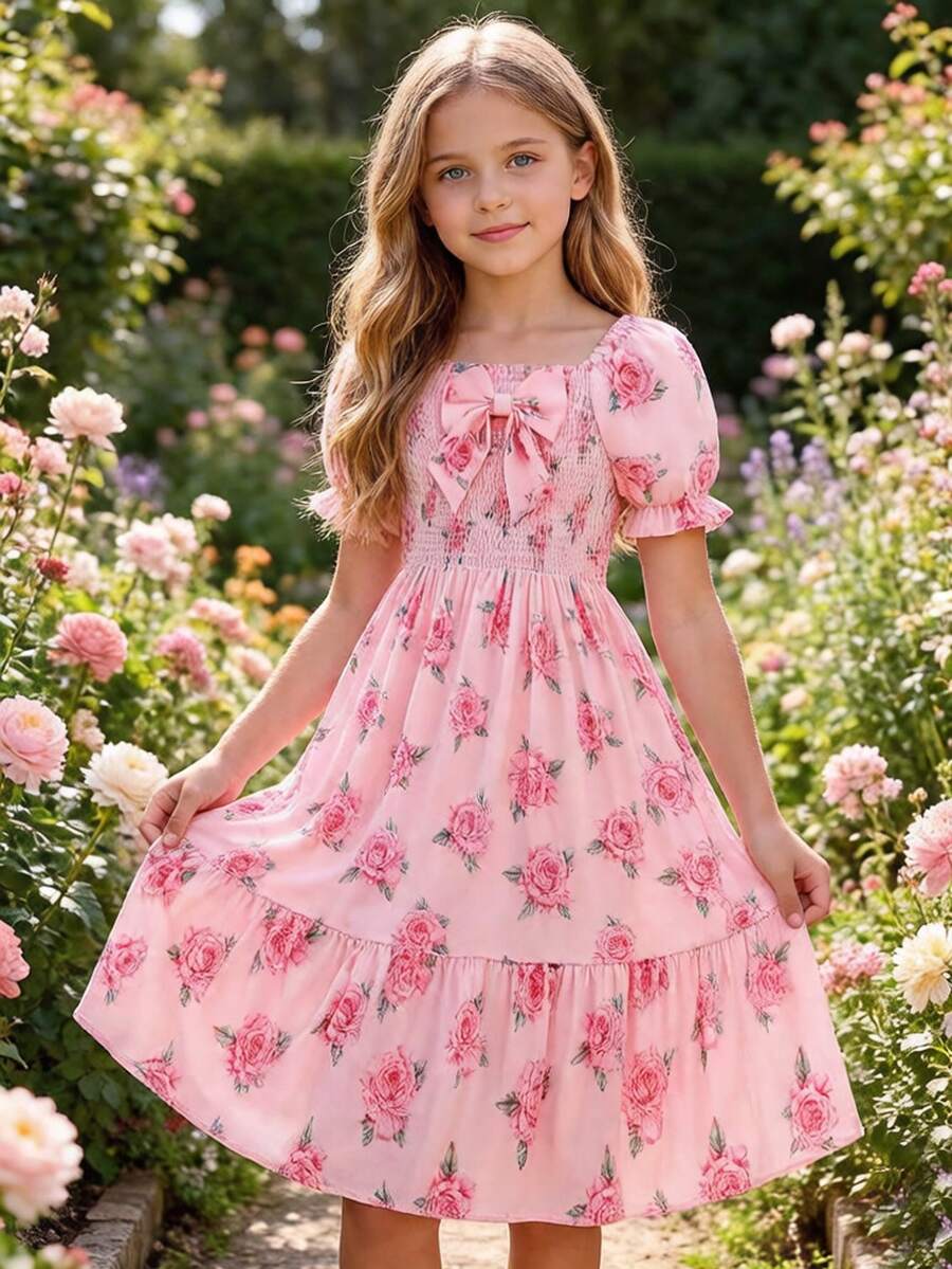Tween girls black and white geometric short sleeve midi dress with square neck and bow front decor