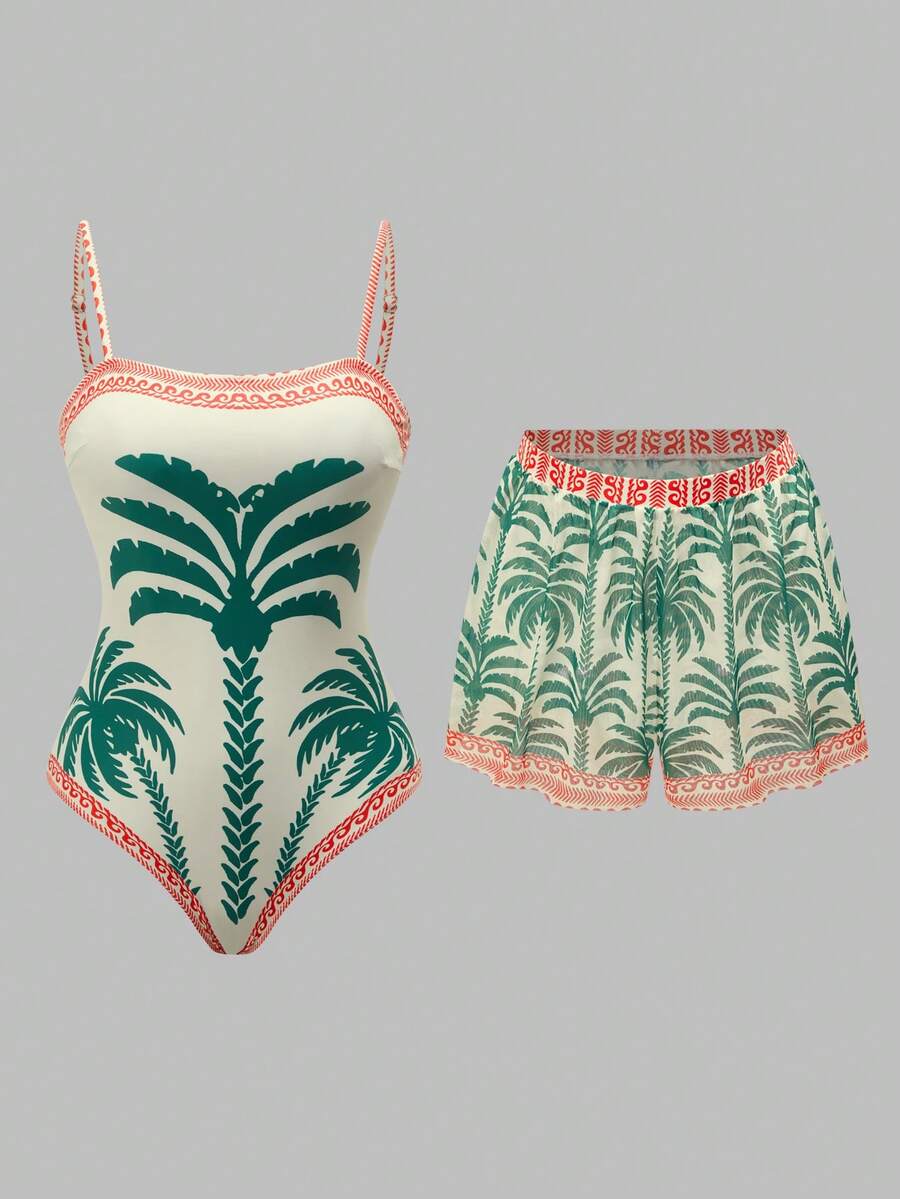 Swim Oasis women's tropical palm tree print army green one-piece swimsuit featuring spaghetti straps, removable padding, and matching shorts for beach vacations.
