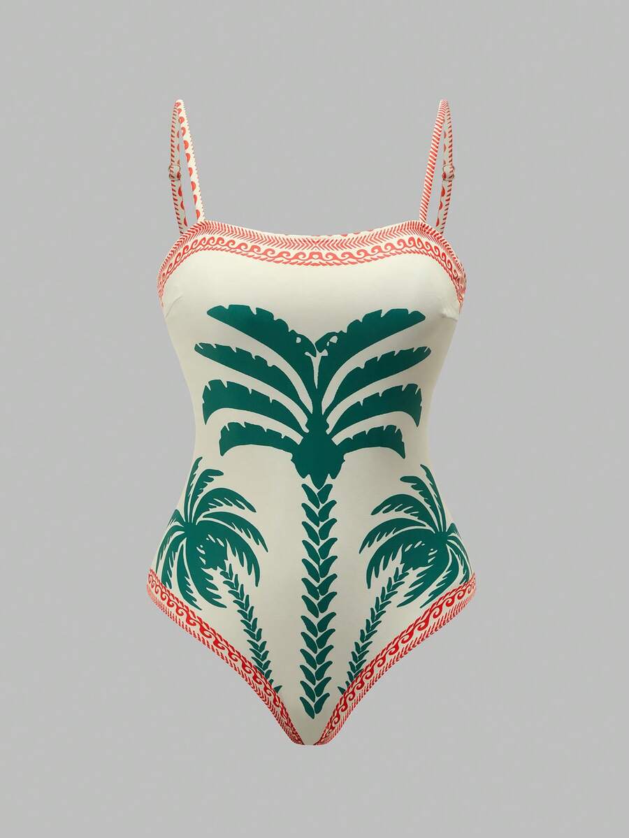 Swim Oasis women's tropical palm tree print army green one-piece swimsuit featuring spaghetti straps, removable padding, and matching shorts for beach vacations.