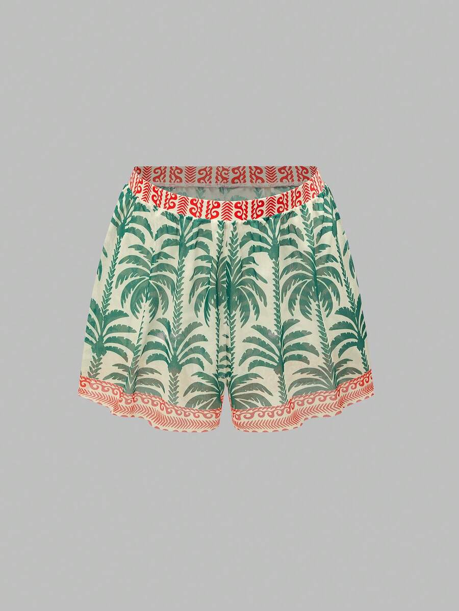 Swim Oasis women's tropical palm tree print army green one-piece swimsuit featuring spaghetti straps, removable padding, and matching shorts for beach vacations.