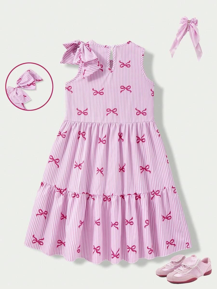 Tween girls blue striped sleeveless smock dress featuring a round neckline, high waist, and flounce ruffle hem.