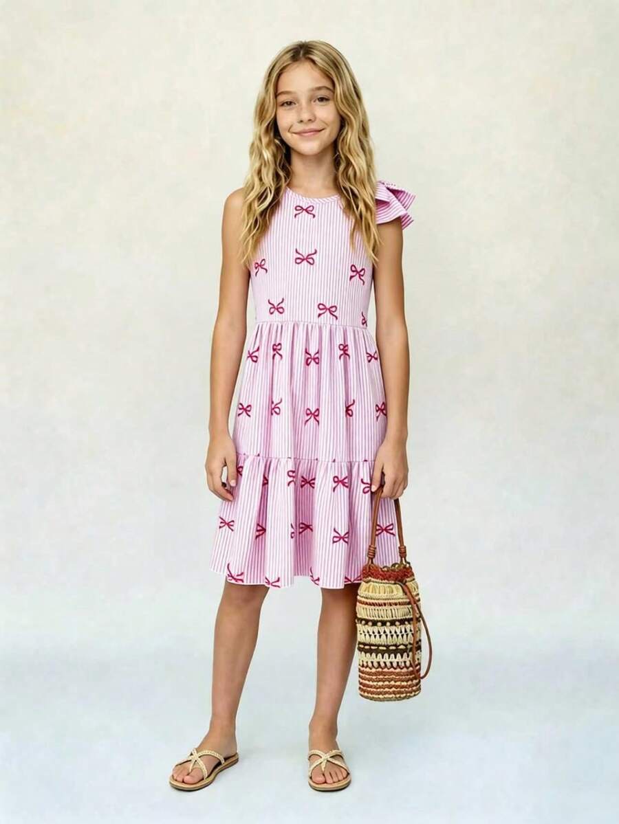 Tween girls blue striped sleeveless smock dress featuring a round neckline, high waist, and flounce ruffle hem.
