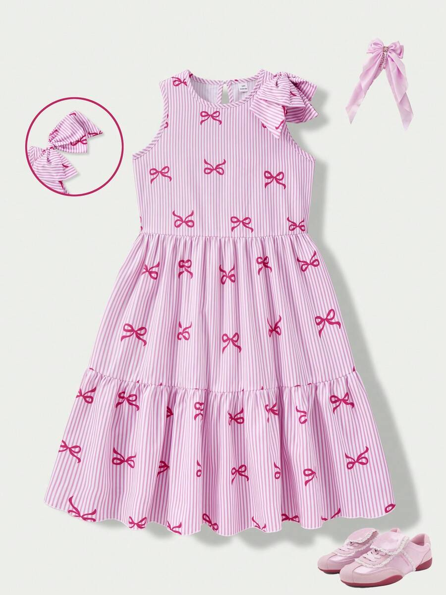 Tween girls blue striped sleeveless smock dress featuring a round neckline, high waist, and flounce ruffle hem.