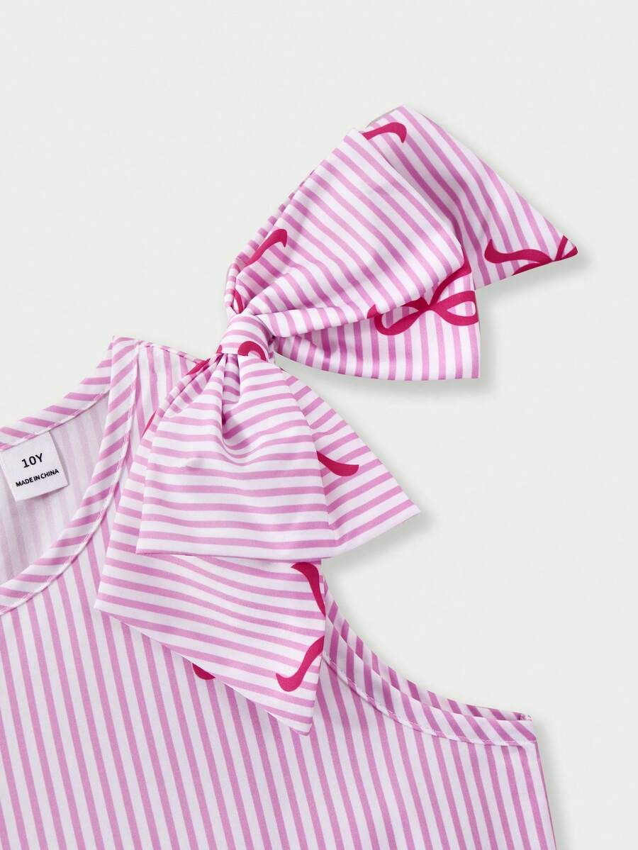 Tween girls blue striped sleeveless smock dress featuring a round neckline, high waist, and flounce ruffle hem.