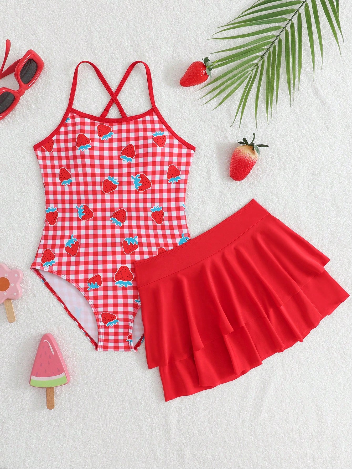 Cute Purple Floral Print One-Piece Criss-Cross Strap Bikini Bottom With Orange Ruffle Hem Beach Skirt, Fashionable Sporty Style, Suitable For Swimming, Summer Vacation, Beach, Seaside, Pool, Swimming Pool, Summer Holiday Party, Casual Vacation