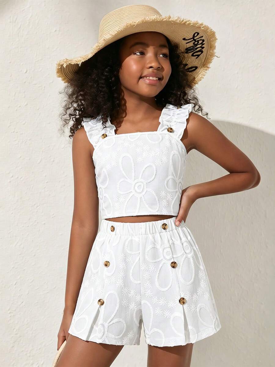 Apricot two-piece summer outfit for tween girls featuring a sleeveless pleated square-neck camisole top with button details and matching gathered shorts.