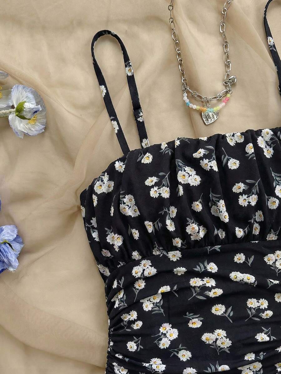 Yellow sleeveless tween girls cami dress with spaghetti straps, ruched bust, shirred details, high waist, and flared short A-line hem for vacation wear.