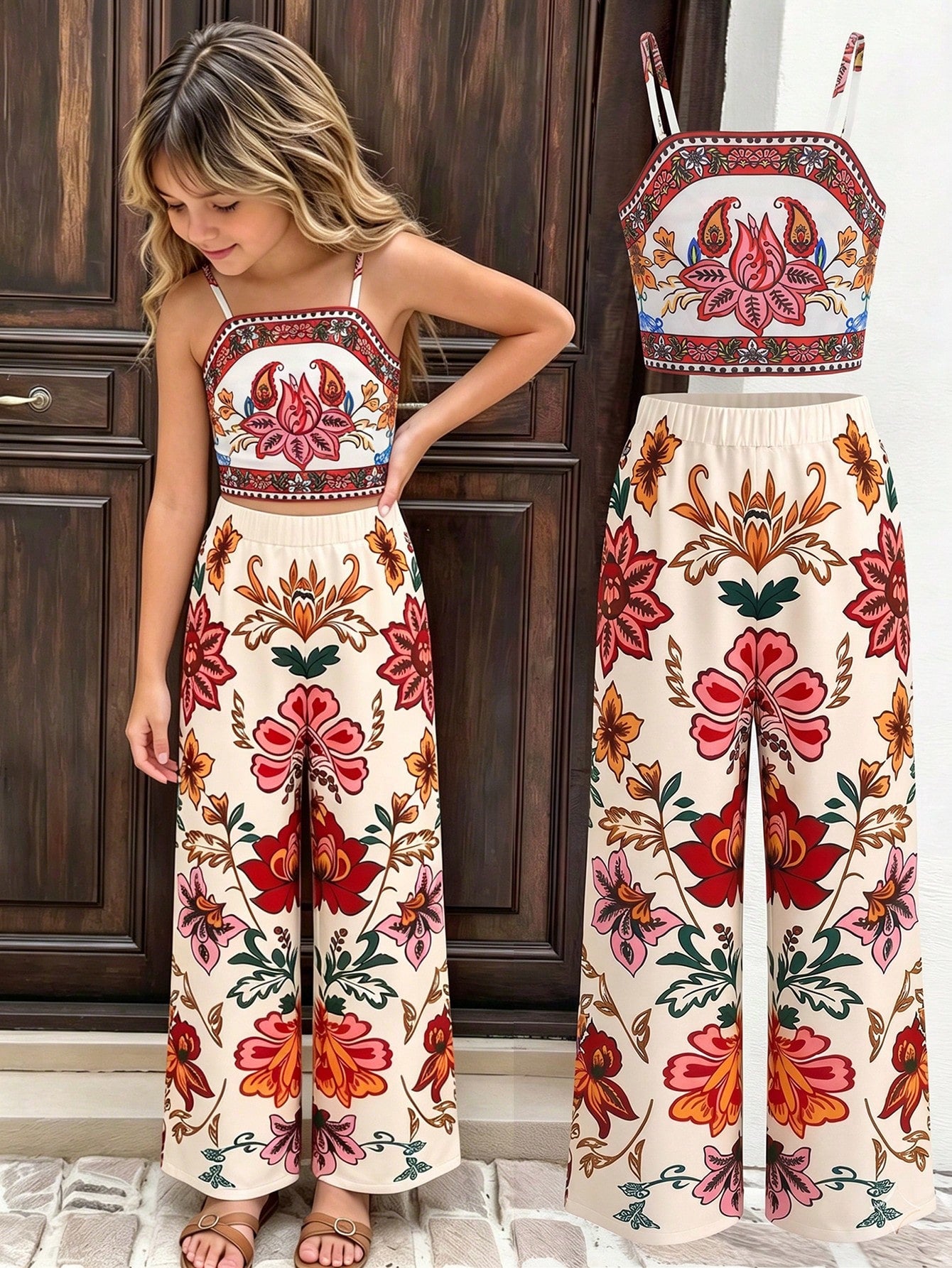 Tween girls casual 2-piece set featuring an apricot woven camisole crop top with back shirring and matching high-waisted loose long pants.