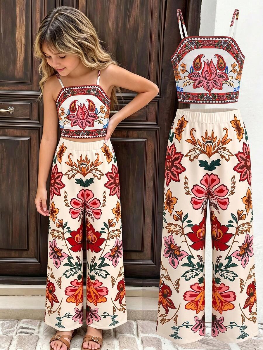 Tween girls casual 2-piece set featuring an apricot woven camisole crop top with back shirring and matching high-waisted loose long pants.