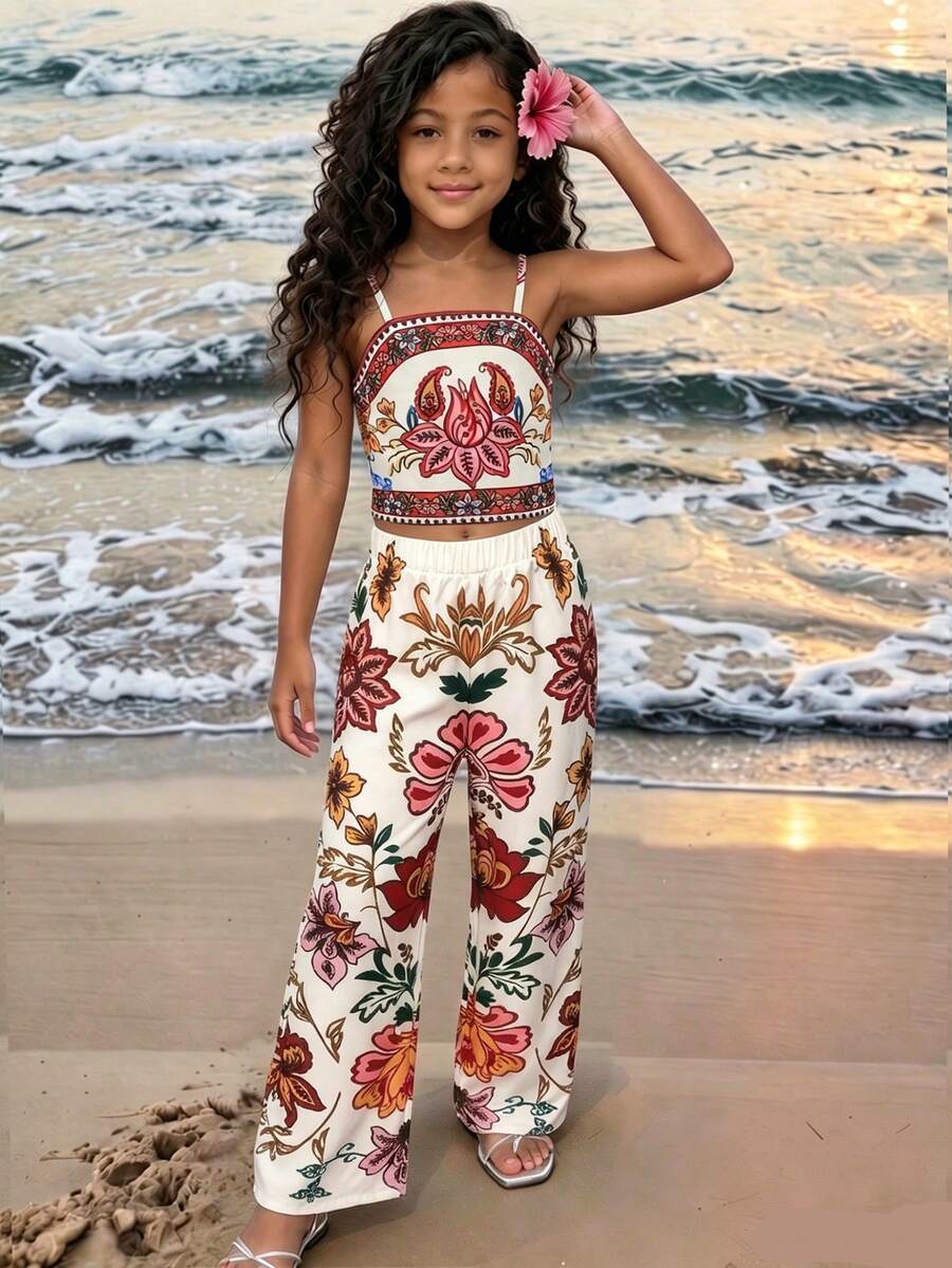 Tween girls casual 2-piece set featuring an apricot woven camisole crop top with back shirring and matching high-waisted loose long pants.