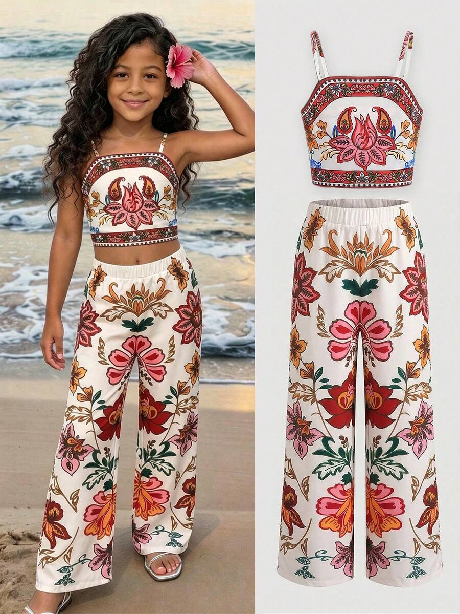 Tween girls casual 2-piece set featuring an apricot woven camisole crop top with back shirring and matching high-waisted loose long pants.
