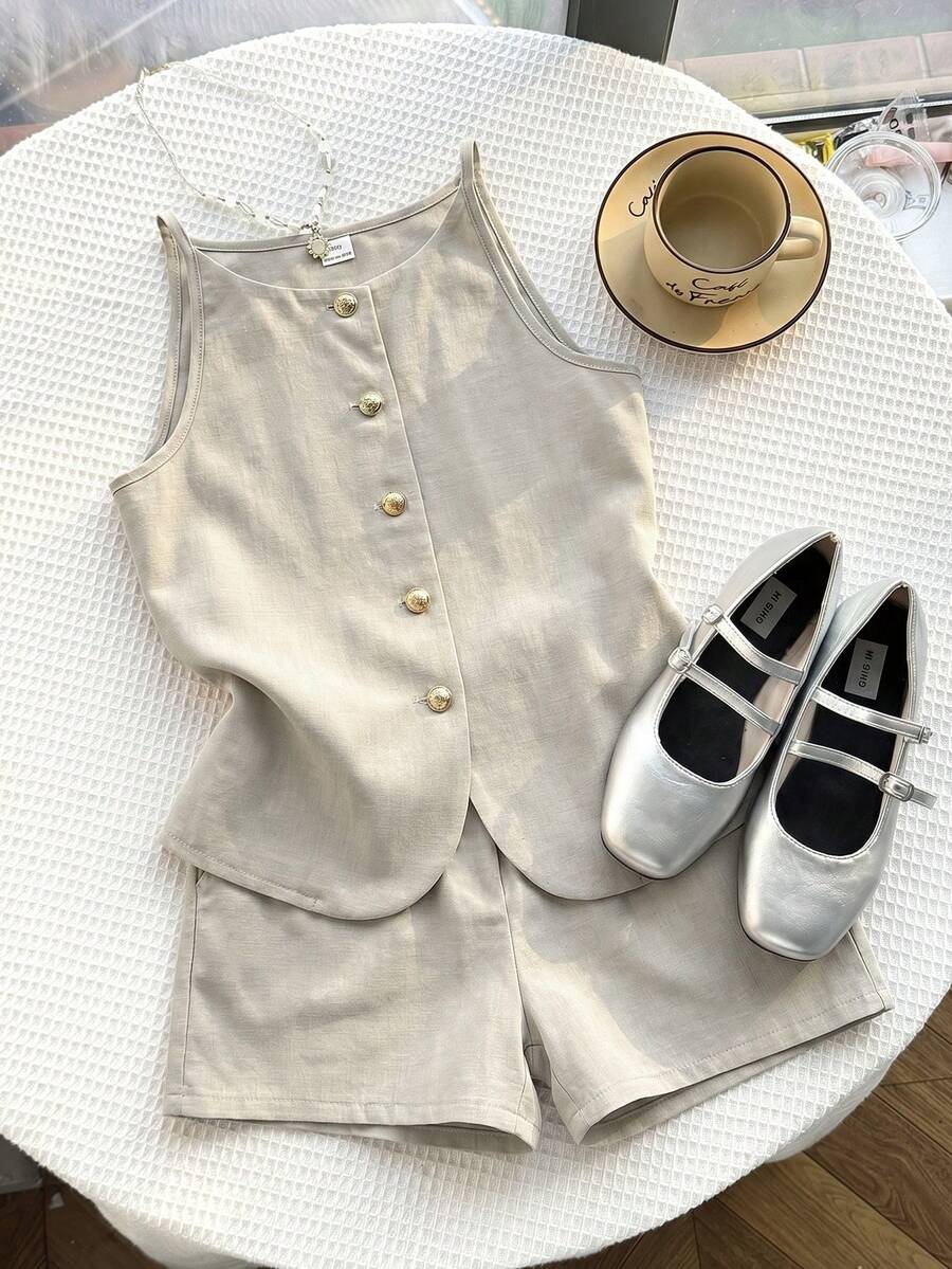 Tween girls apricot striped knit camisole top with button front paired with matching casual elastic waist shorts