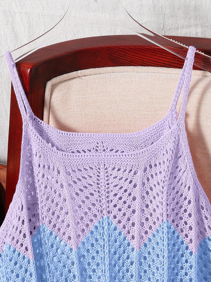 Girls' multicolor rainbow gradient crochet beach cover up with hollow-out knit design, spaghetti straps, sleeveless A-line shape, and semi-sheer finish.