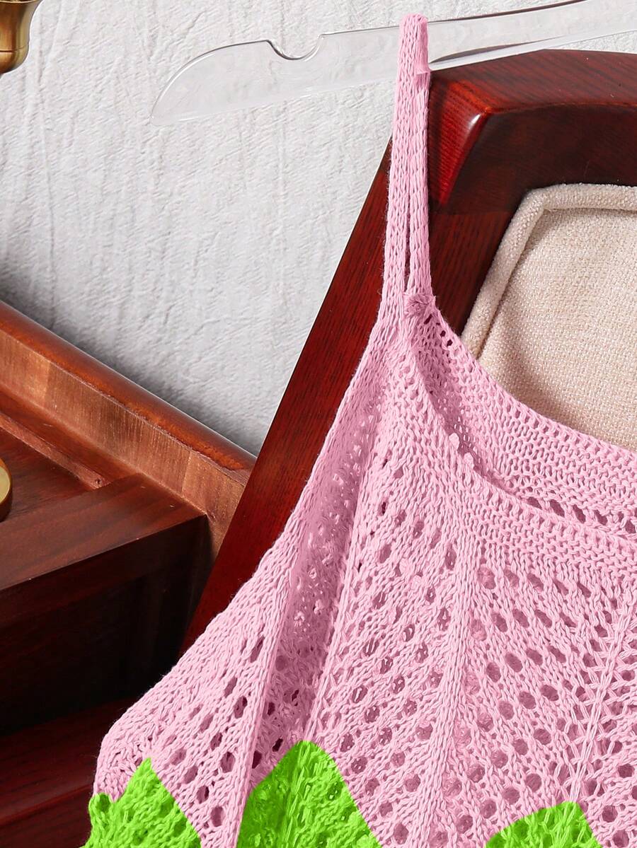 Girls' multicolor rainbow gradient crochet beach cover up with hollow-out knit design, spaghetti straps, sleeveless A-line shape, and semi-sheer finish.