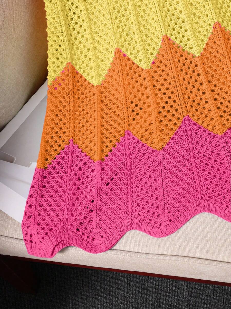 Girls' multicolor rainbow gradient crochet beach cover up with hollow-out knit design, spaghetti straps, sleeveless A-line shape, and semi-sheer finish.