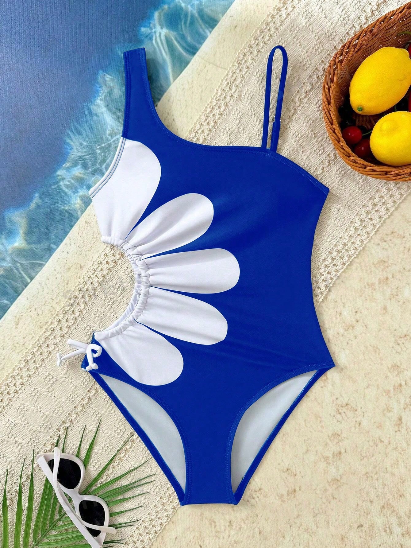 Casual Side Cut-Out Design White Floral Print Tween Girls' One-Piece Swimsuit