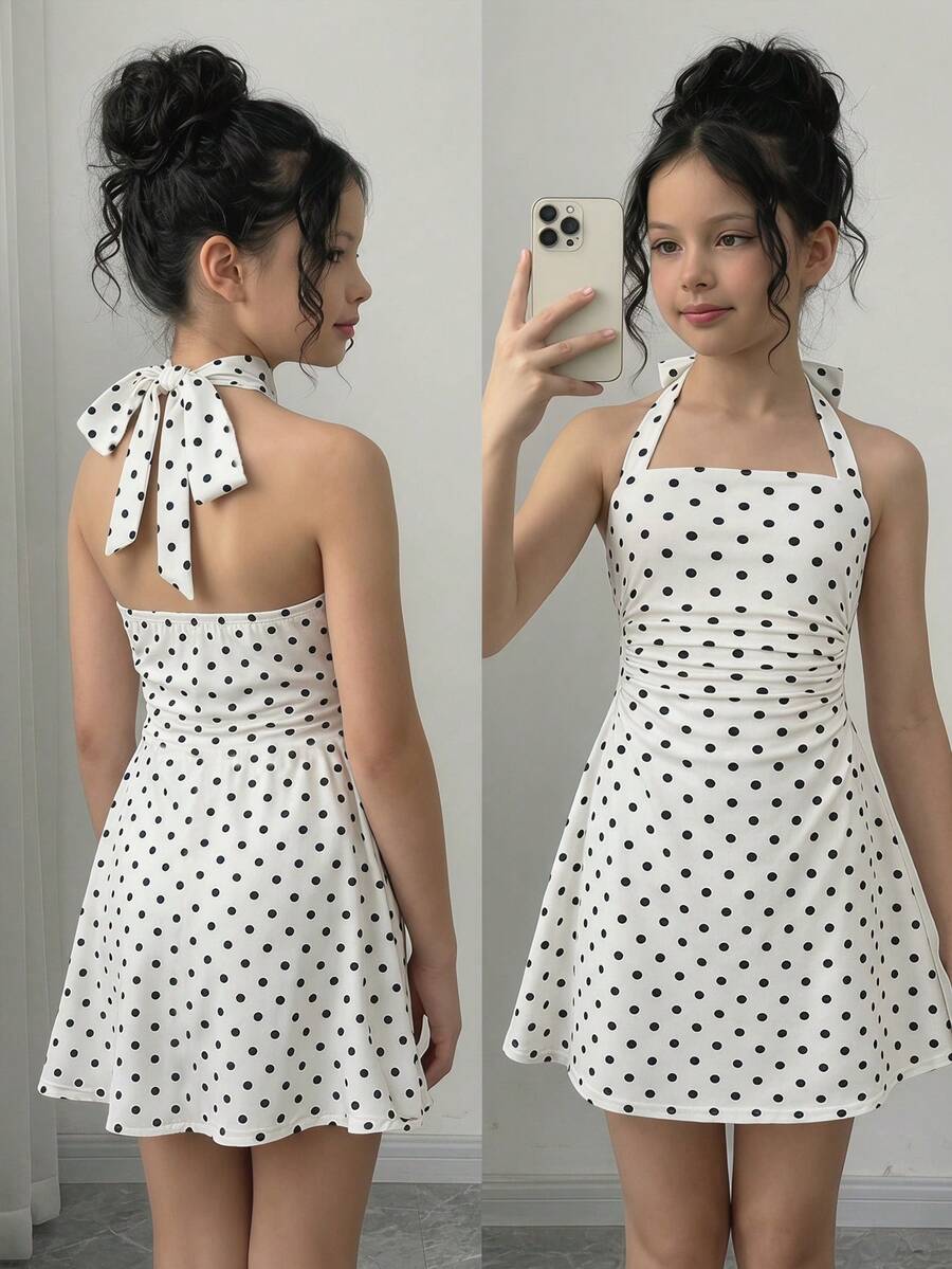 Apricot tween girls sleeveless halter cami dress with appliques, bow front, zipper detail, high waist, flared hem, and short slim fit design.