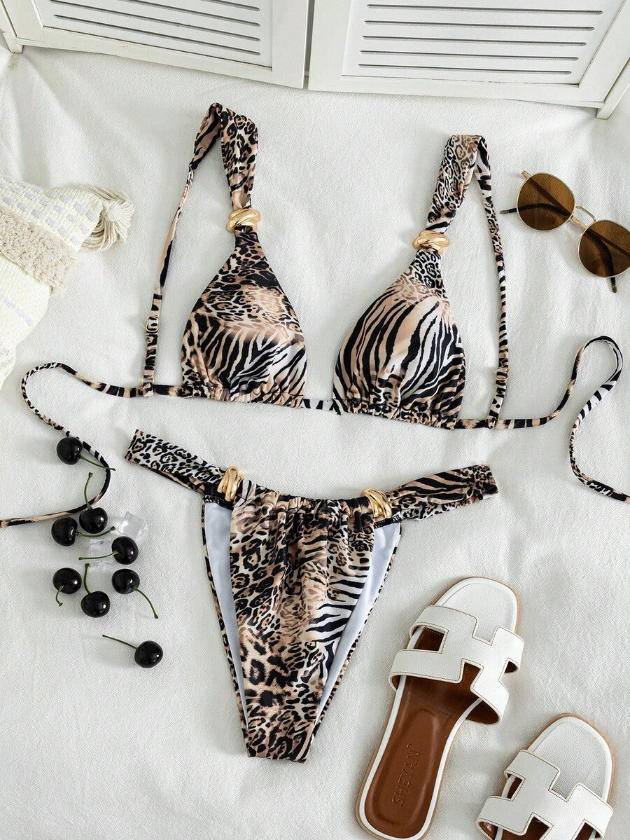Women's multicolor high waist bikini set with textured pattern, knot details, wireless triangle bra top, and high cut bottoms.