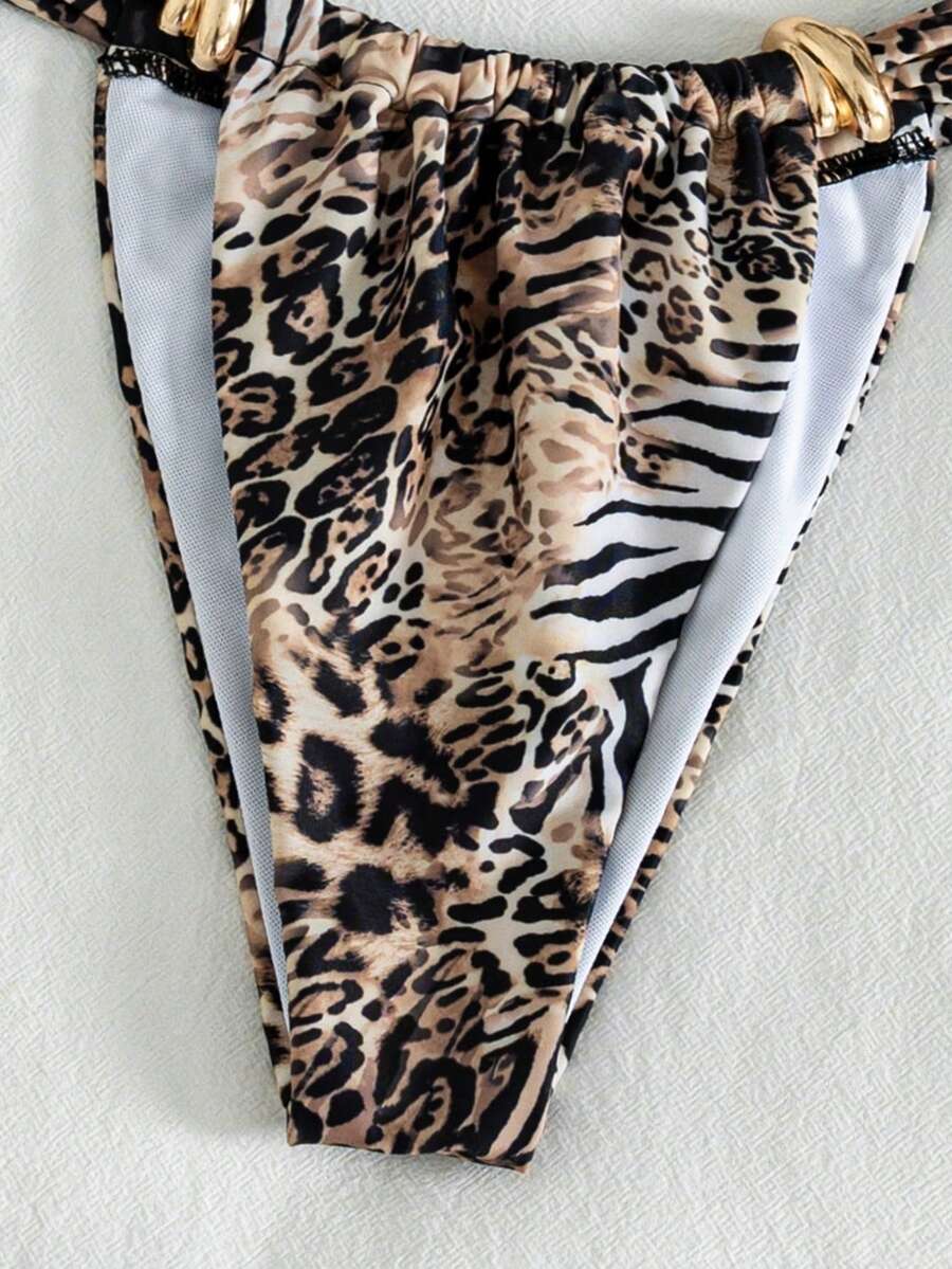 Women's multicolor high waist bikini set with textured pattern, knot details, wireless triangle bra top, and high cut bottoms.