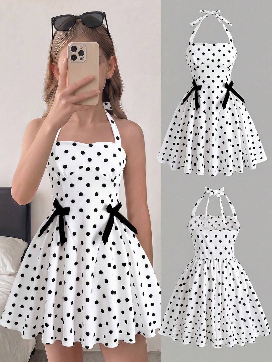 Black and white polka dot cami dress for tween girls featuring a square neckline, high waist, and flared short A-line hem.