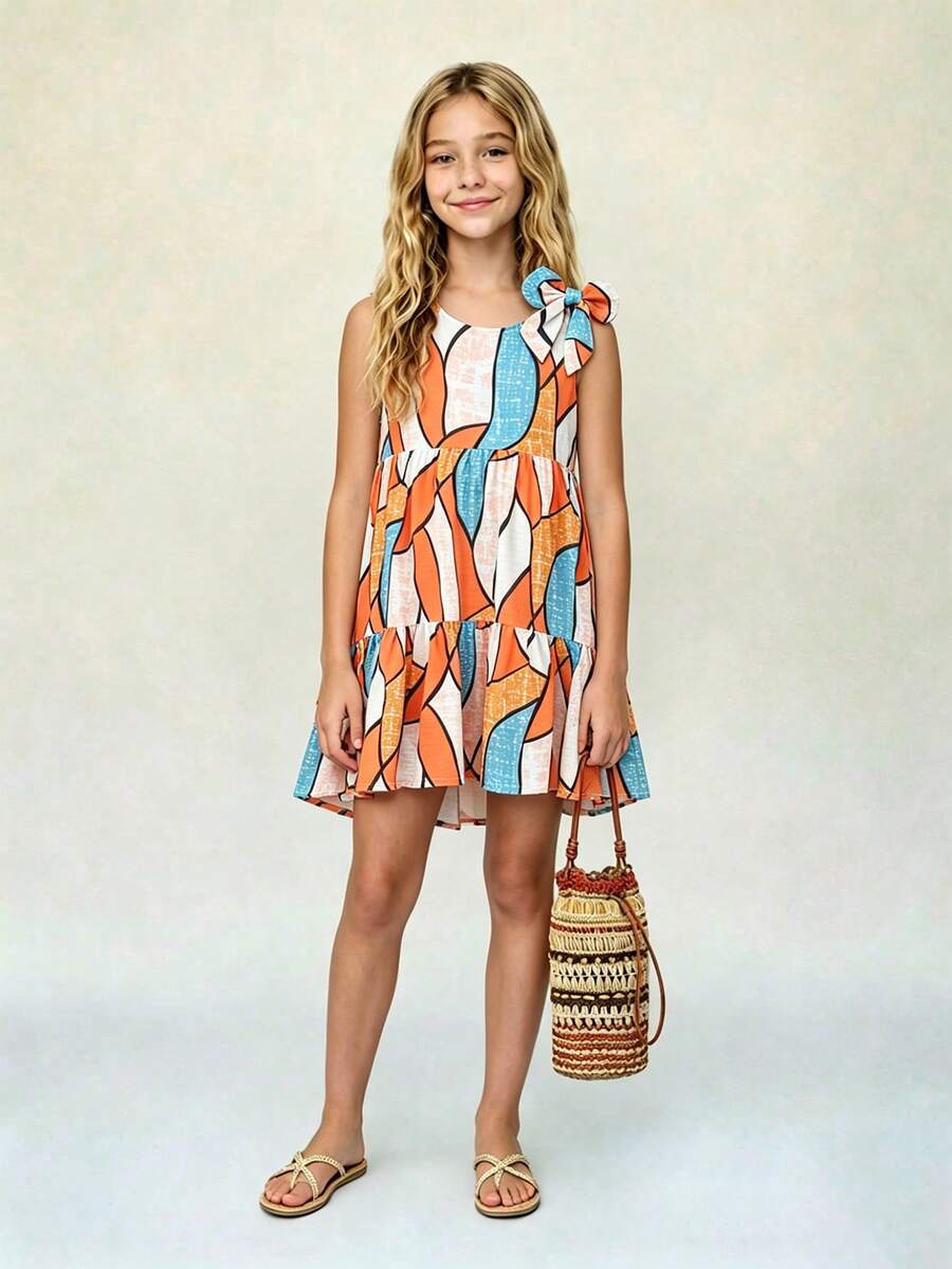 Tween girls blue striped sleeveless smock dress featuring a round neckline, high waist, and flounce ruffle hem.
