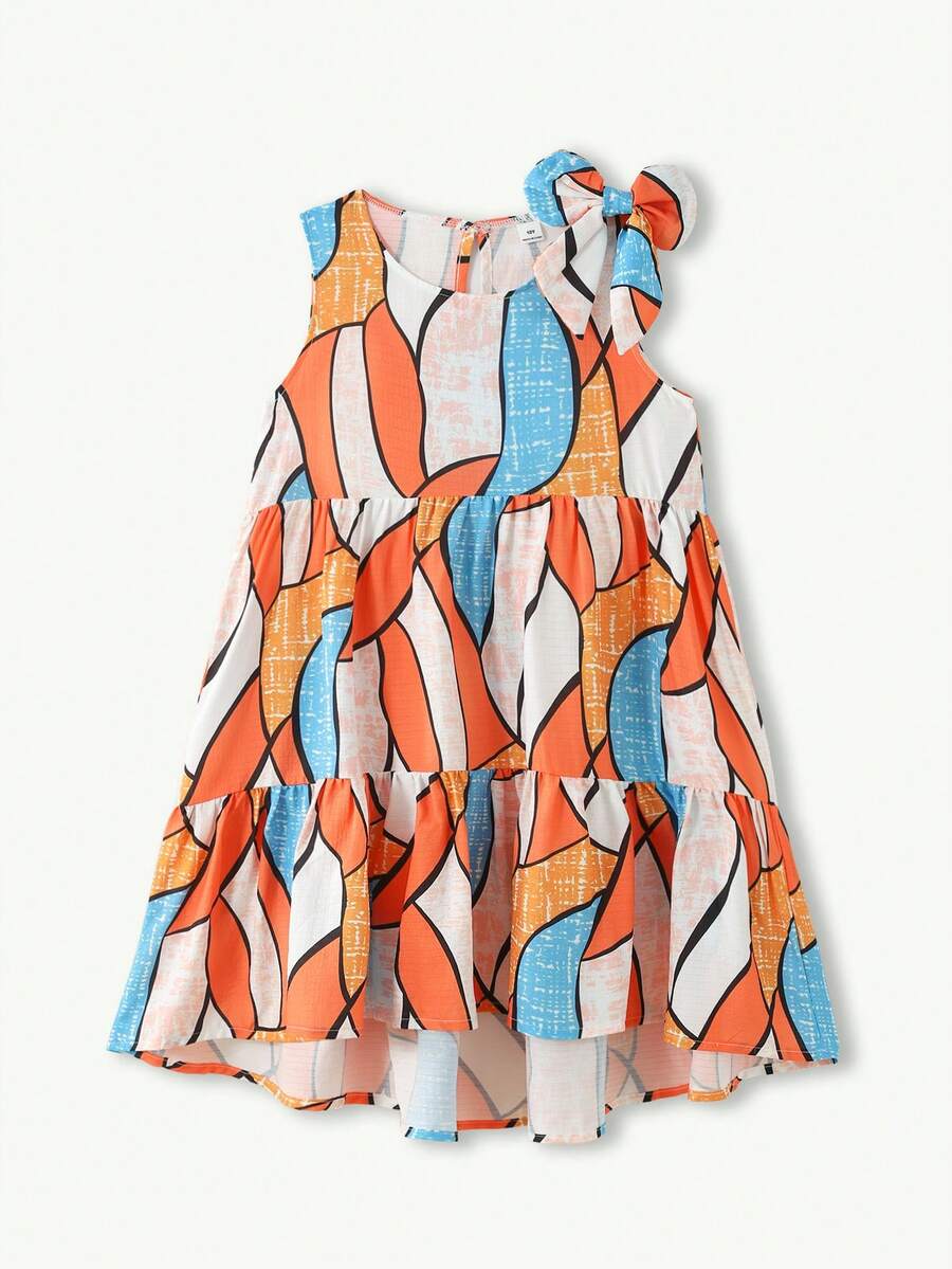Tween girls blue striped sleeveless smock dress featuring a round neckline, high waist, and flounce ruffle hem.