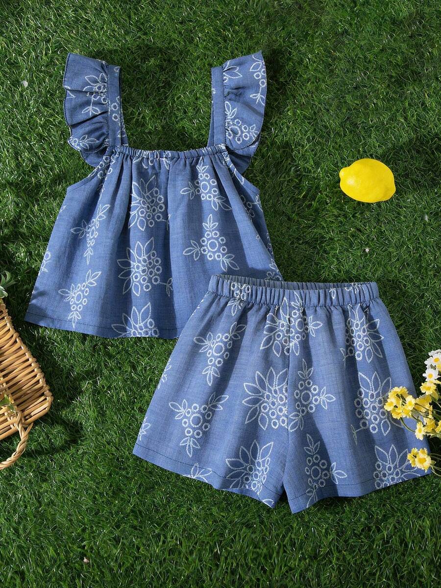 Tween girls 2-piece bohemian outfit set in apricot featuring a square neck embroidered sleeveless camisole top and matching floral wide leg shorts.