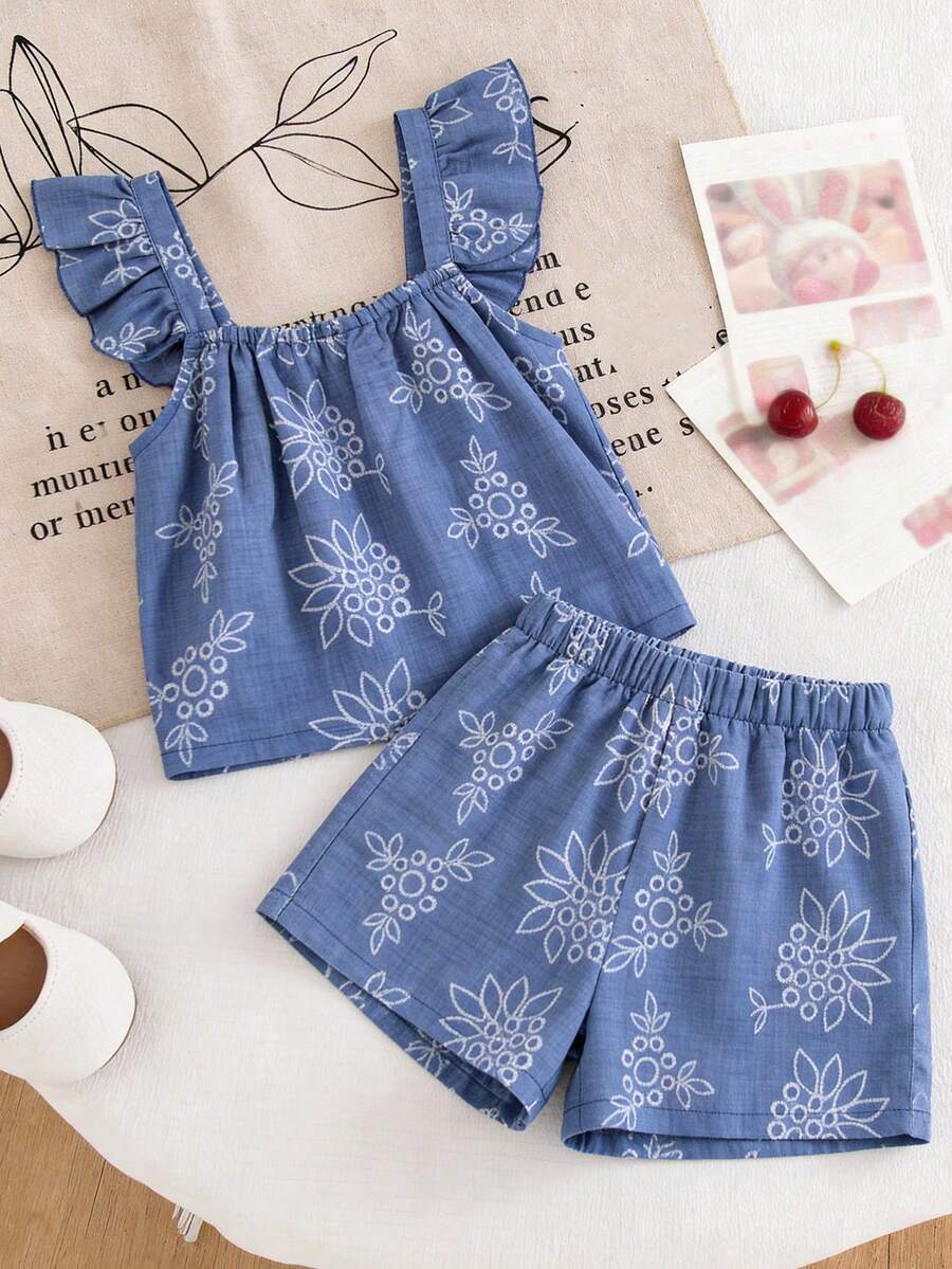 Tween girls 2-piece bohemian outfit set in apricot featuring a square neck embroidered sleeveless camisole top and matching floral wide leg shorts.