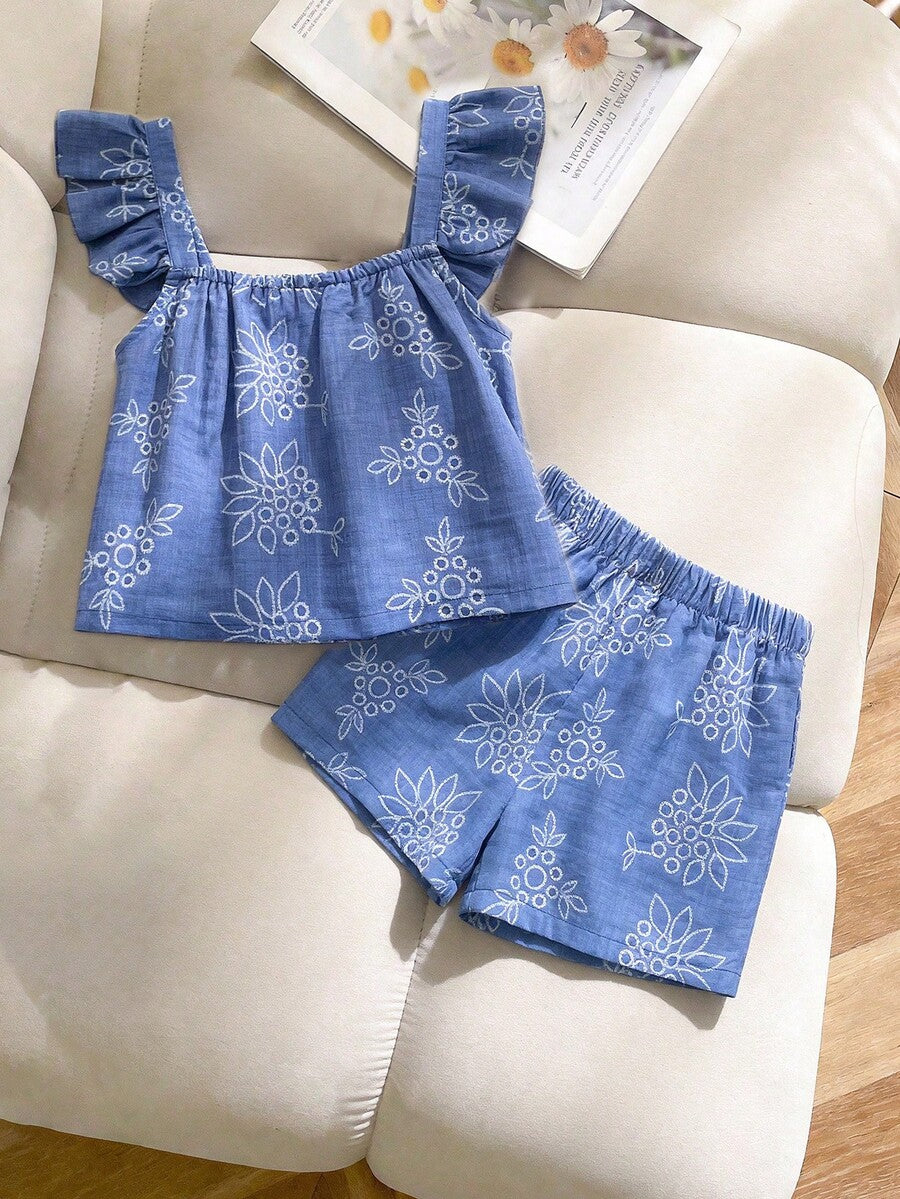 Tween girls 2-piece bohemian outfit set in apricot featuring a square neck embroidered sleeveless camisole top and matching floral wide leg shorts.
