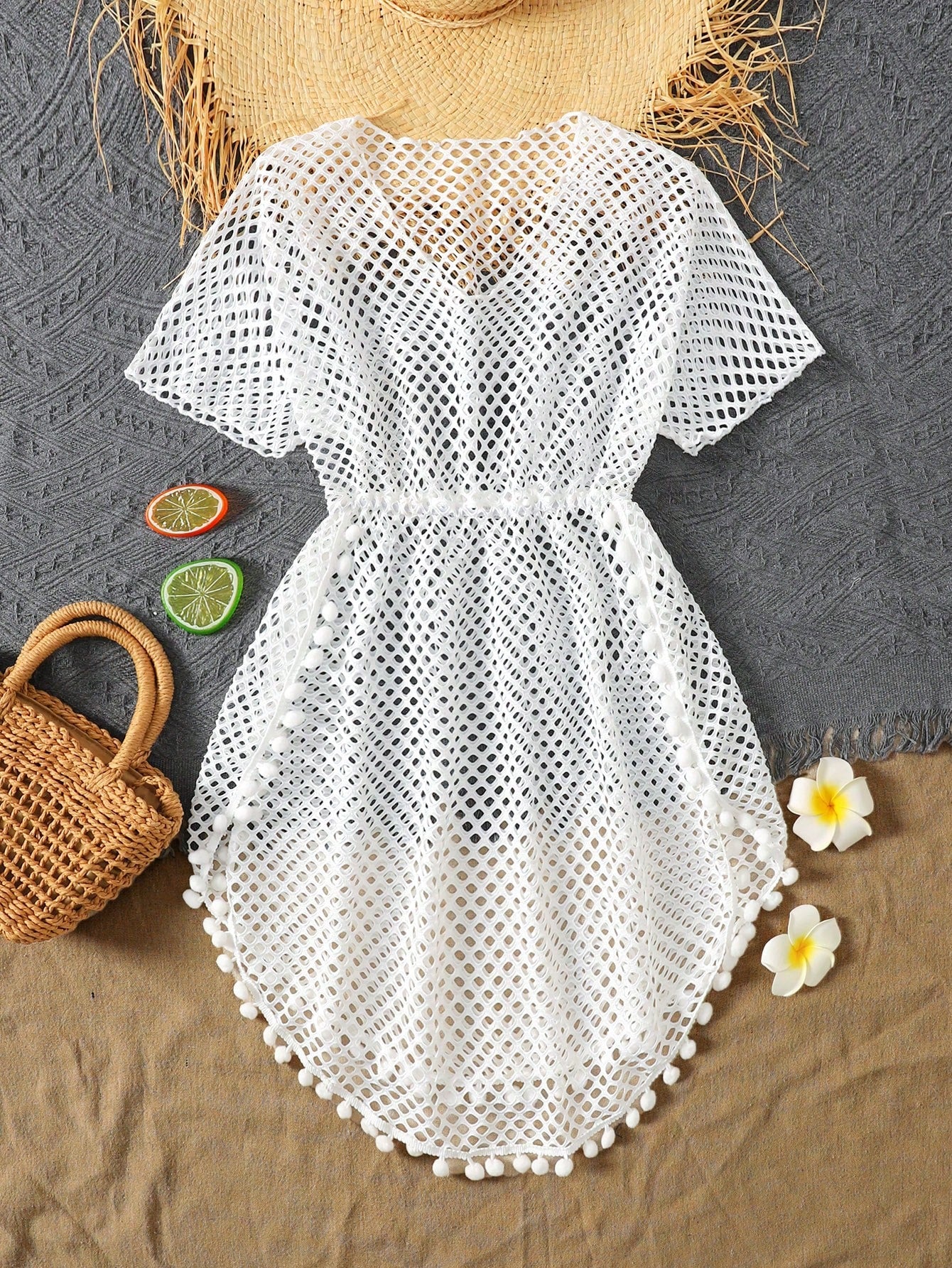 White sheer striped V-neck short sleeve cover-up dress for tween girls, short length beachwear style