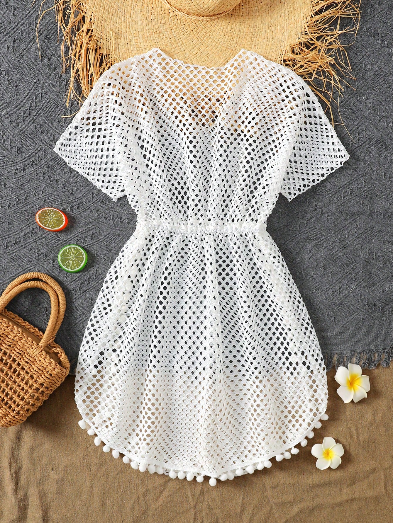 White sheer striped V-neck short sleeve cover-up dress for tween girls, short length beachwear style