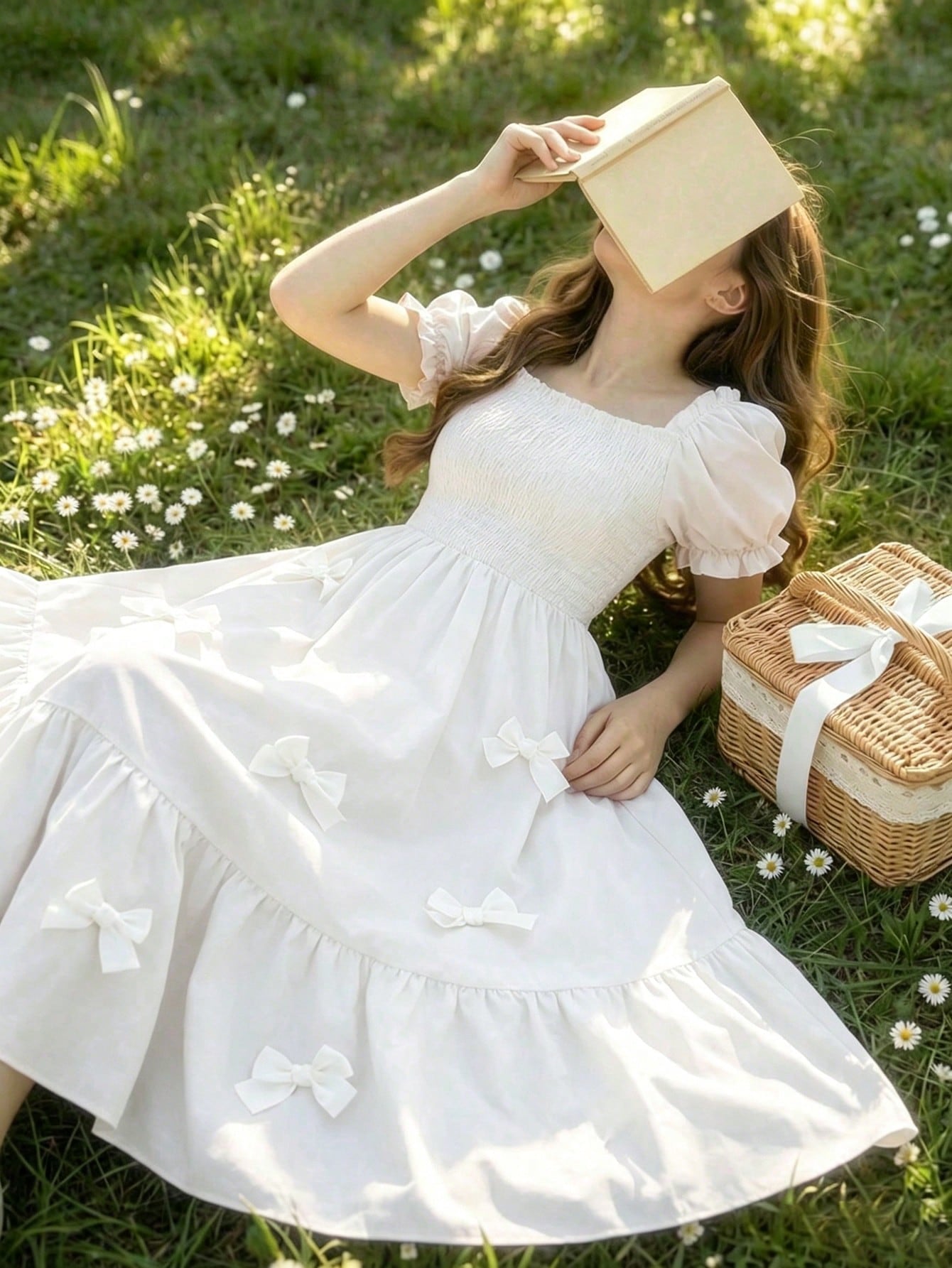 ChillGRL square neck short puff sleeve A-line long dress for teen girls featuring shirred high waist detailing and a flounce hem.