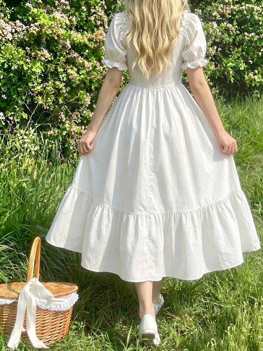 ChillGRL square neck short puff sleeve A-line long dress for teen girls featuring shirred high waist detailing and a flounce hem.