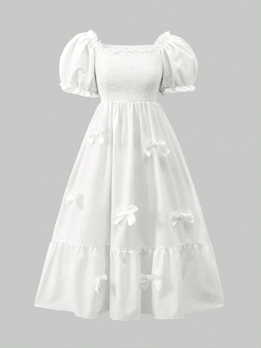 ChillGRL square neck short puff sleeve A-line long dress for teen girls featuring shirred high waist detailing and a flounce hem.