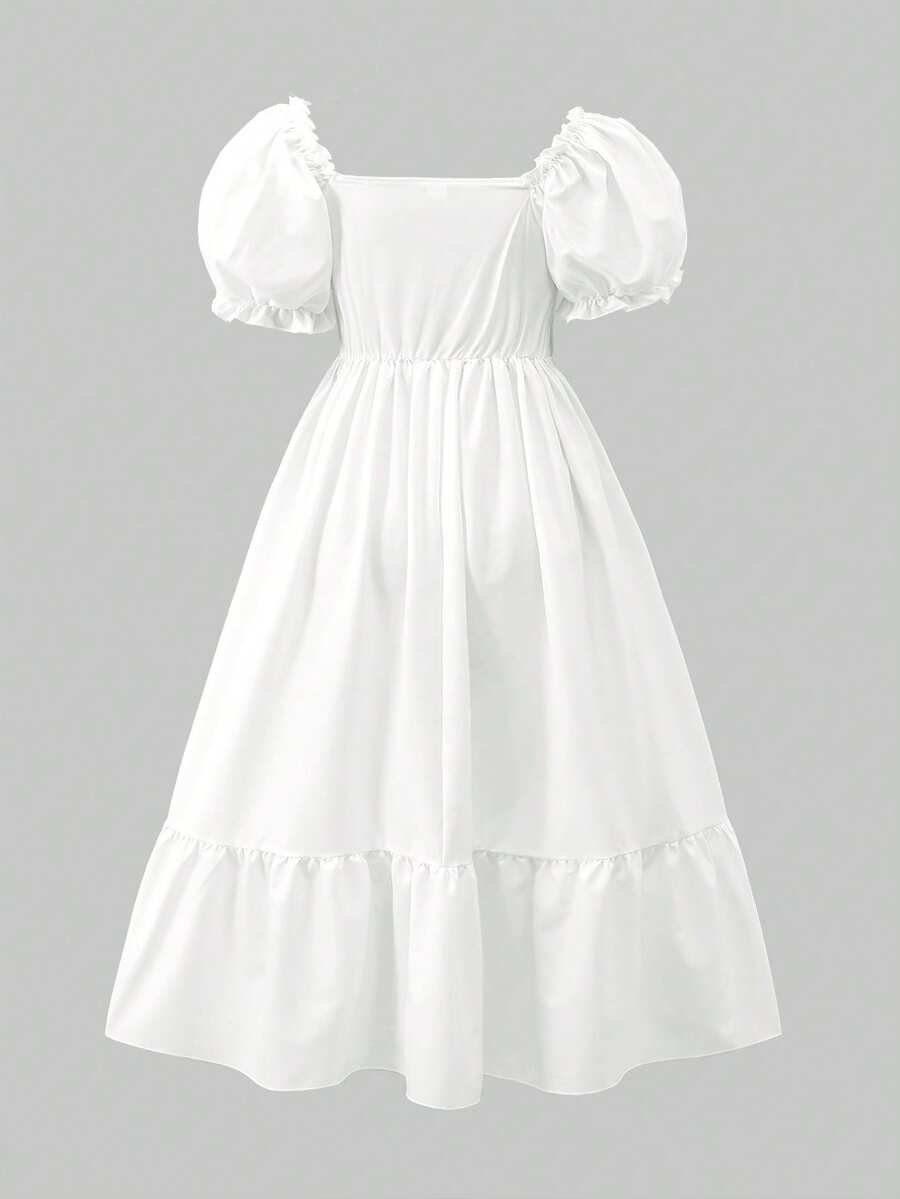 ChillGRL square neck short puff sleeve A-line long dress for teen girls featuring shirred high waist detailing and a flounce hem.