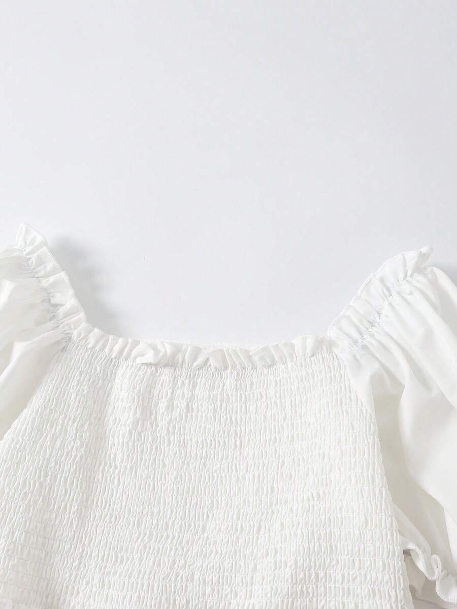ChillGRL square neck short puff sleeve A-line long dress for teen girls featuring shirred high waist detailing and a flounce hem.