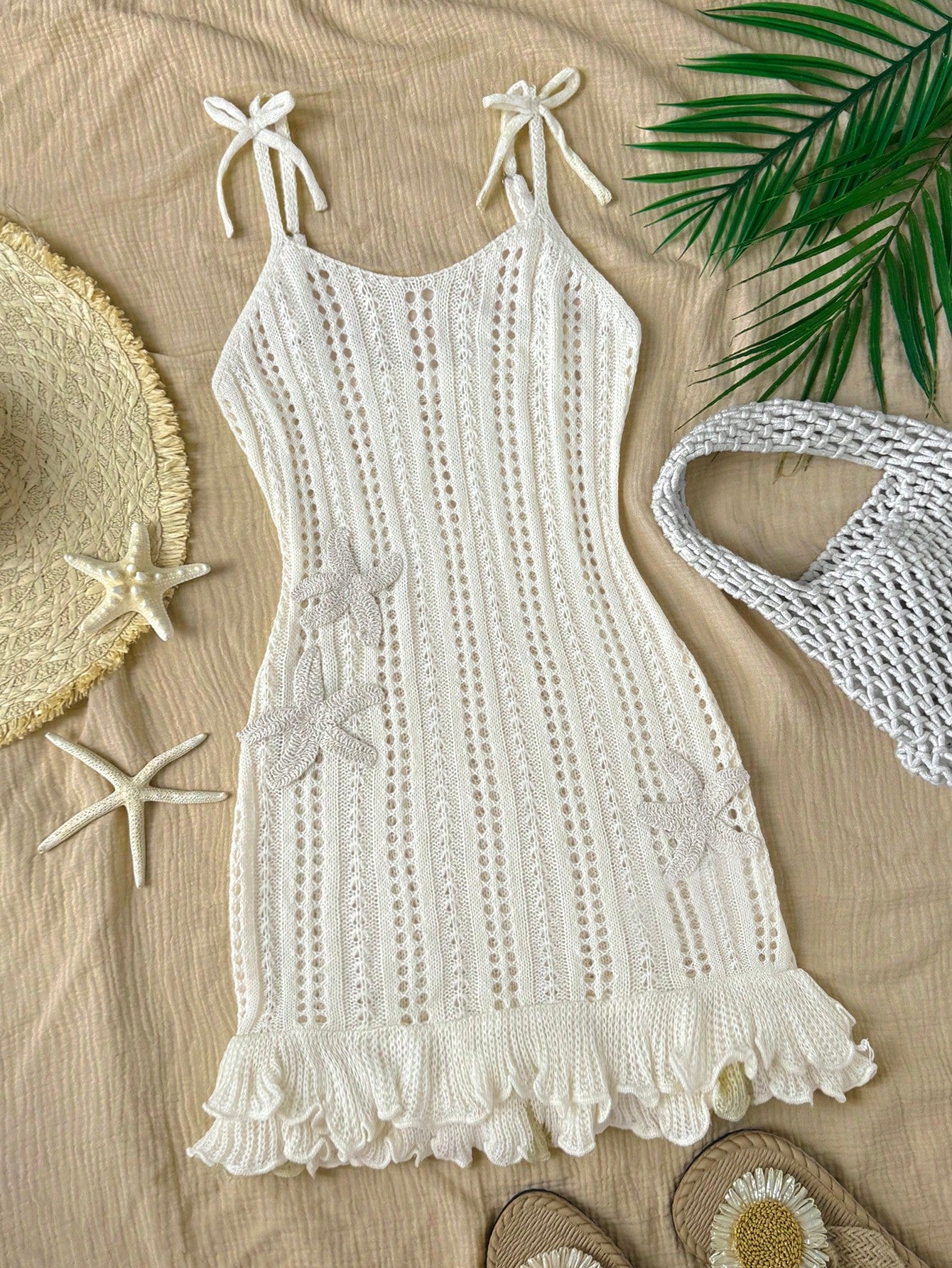 Apricot tween girl beach cover-up dress with spaghetti straps, ruffle details, hollow out design, and 3D starfish decor