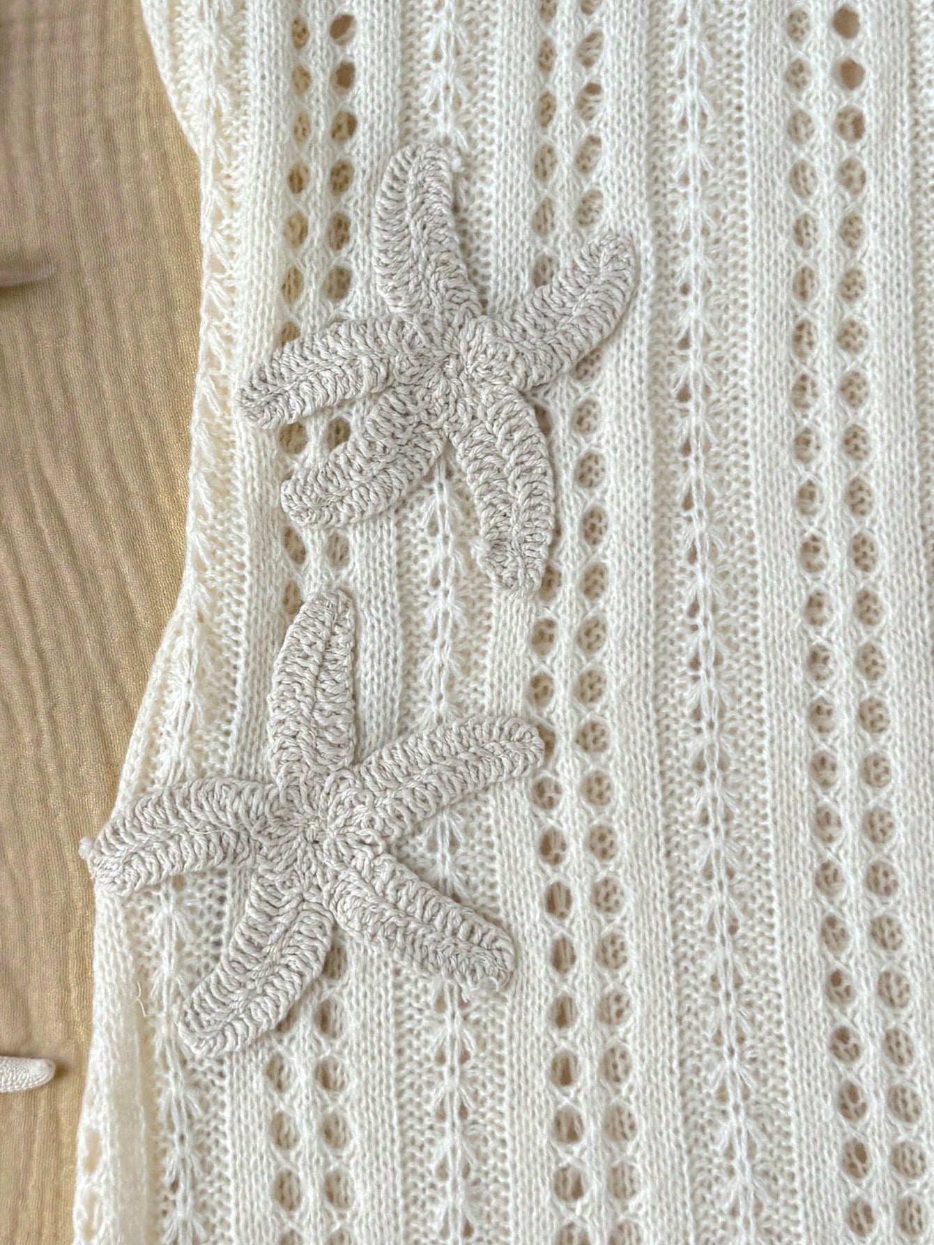 Apricot tween girl beach cover-up dress with spaghetti straps, ruffle details, hollow out design, and 3D starfish decor