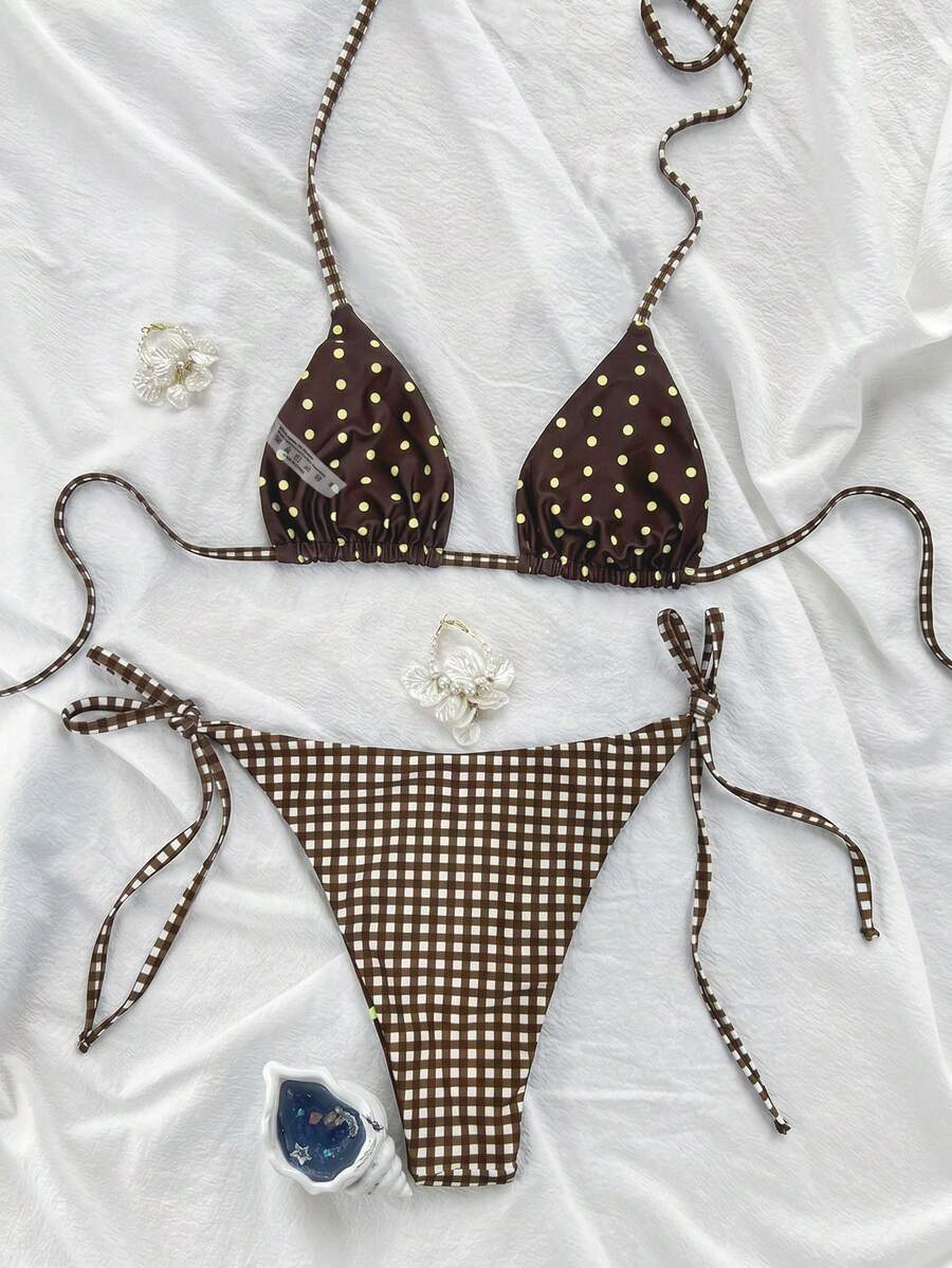 Women's high waist 2-piece triangle bikini set featuring colorblock trim, halter neckline, wireless bra with removable padding, and tie-side bottoms.