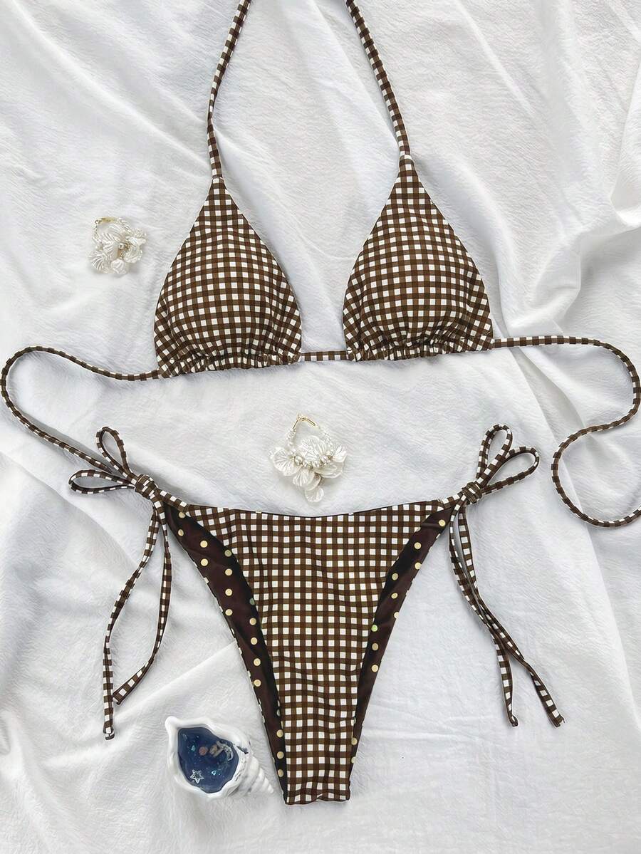 Women's high waist 2-piece triangle bikini set featuring colorblock trim, halter neckline, wireless bra with removable padding, and tie-side bottoms.