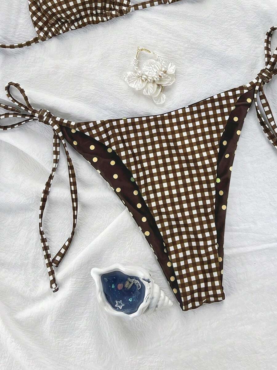Women's high waist 2-piece triangle bikini set featuring colorblock trim, halter neckline, wireless bra with removable padding, and tie-side bottoms.