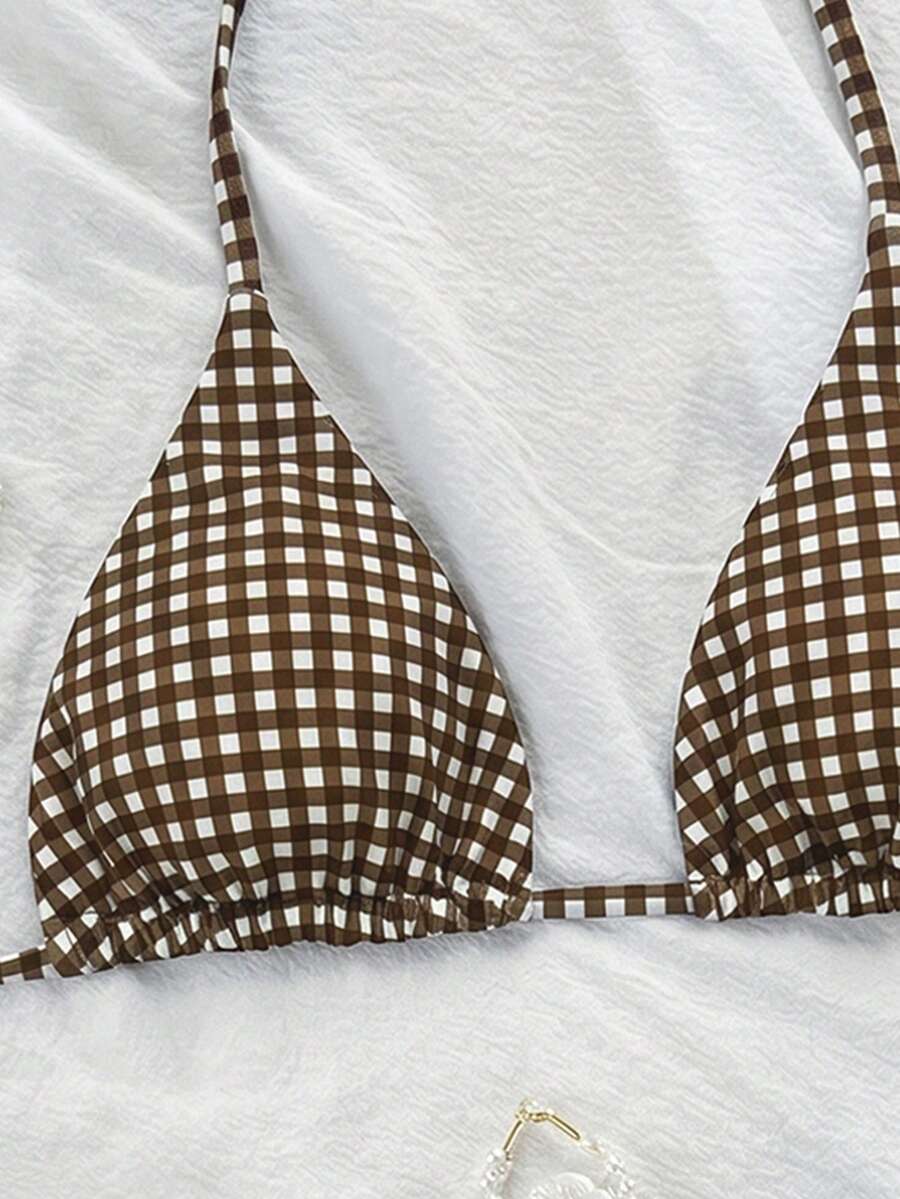 Women's high waist 2-piece triangle bikini set featuring colorblock trim, halter neckline, wireless bra with removable padding, and tie-side bottoms.