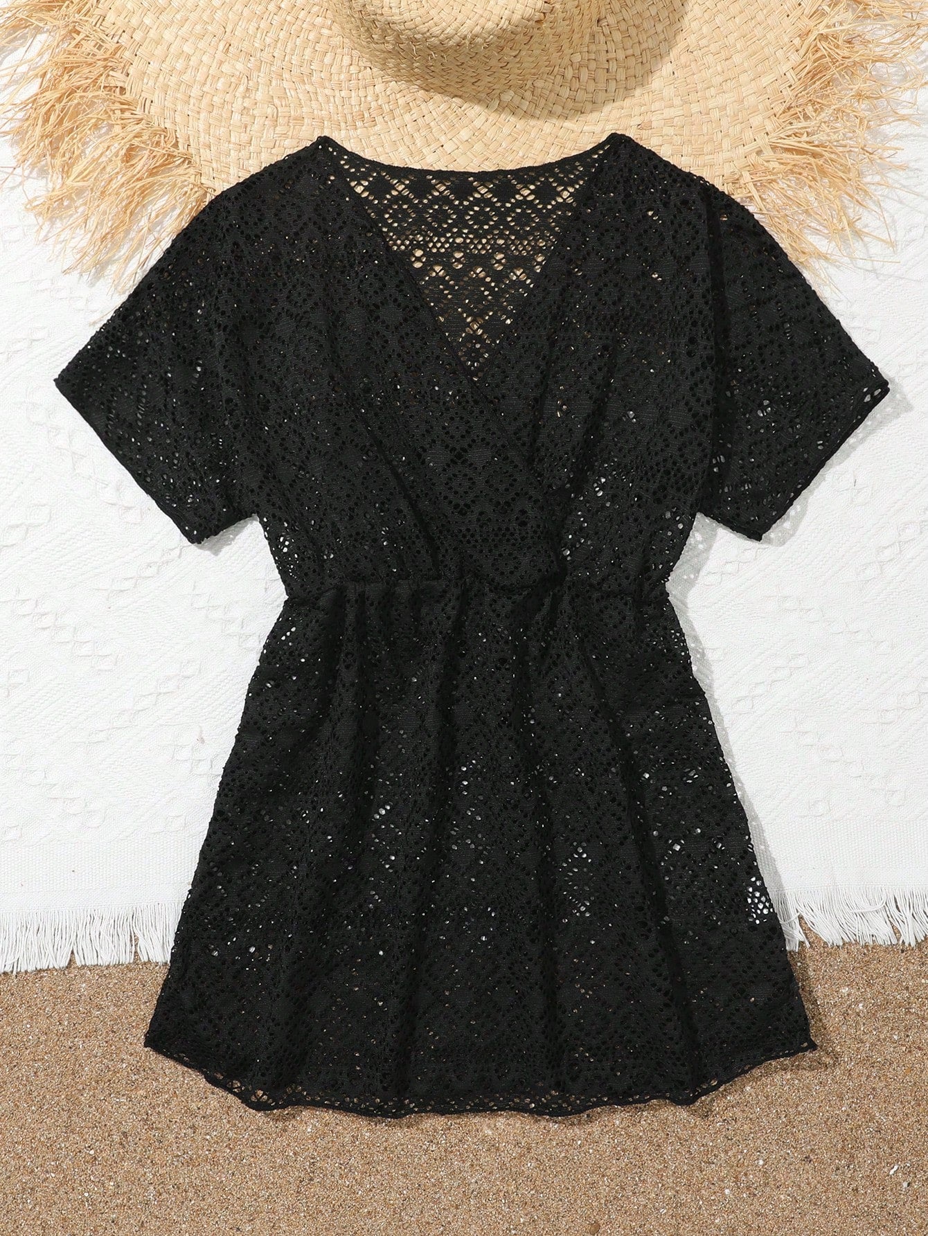 Tween girl solid hollow out cover up with V neck, sheer long silhouette, and short sleeves for beachwear