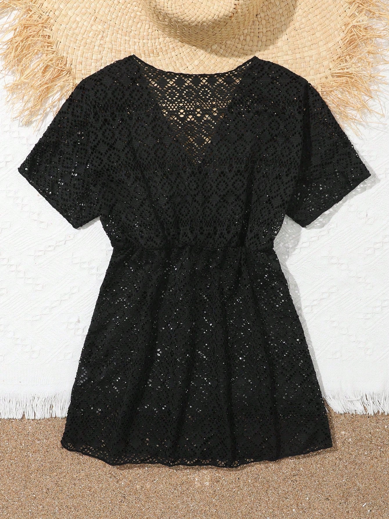 Tween girl solid hollow out cover up with V neck, sheer long silhouette, and short sleeves for beachwear