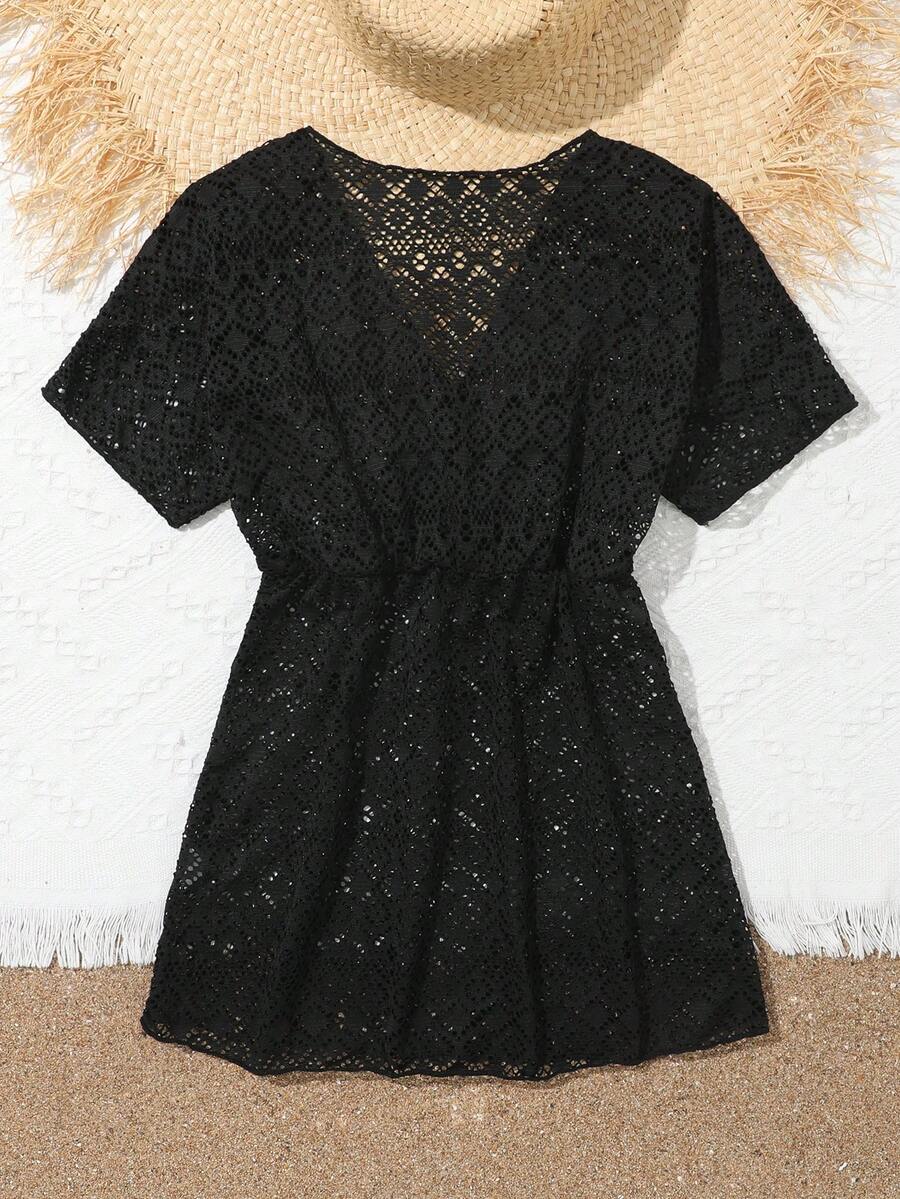 Girls long black beach cover-up dress with V-neck, short sleeves, sheer polyester fabric, contrast sequin detail, and zipper