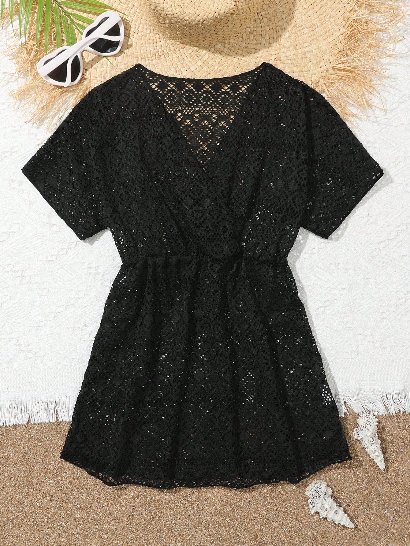 Tween girl solid hollow out cover up with V neck, sheer long silhouette, and short sleeves for beachwear